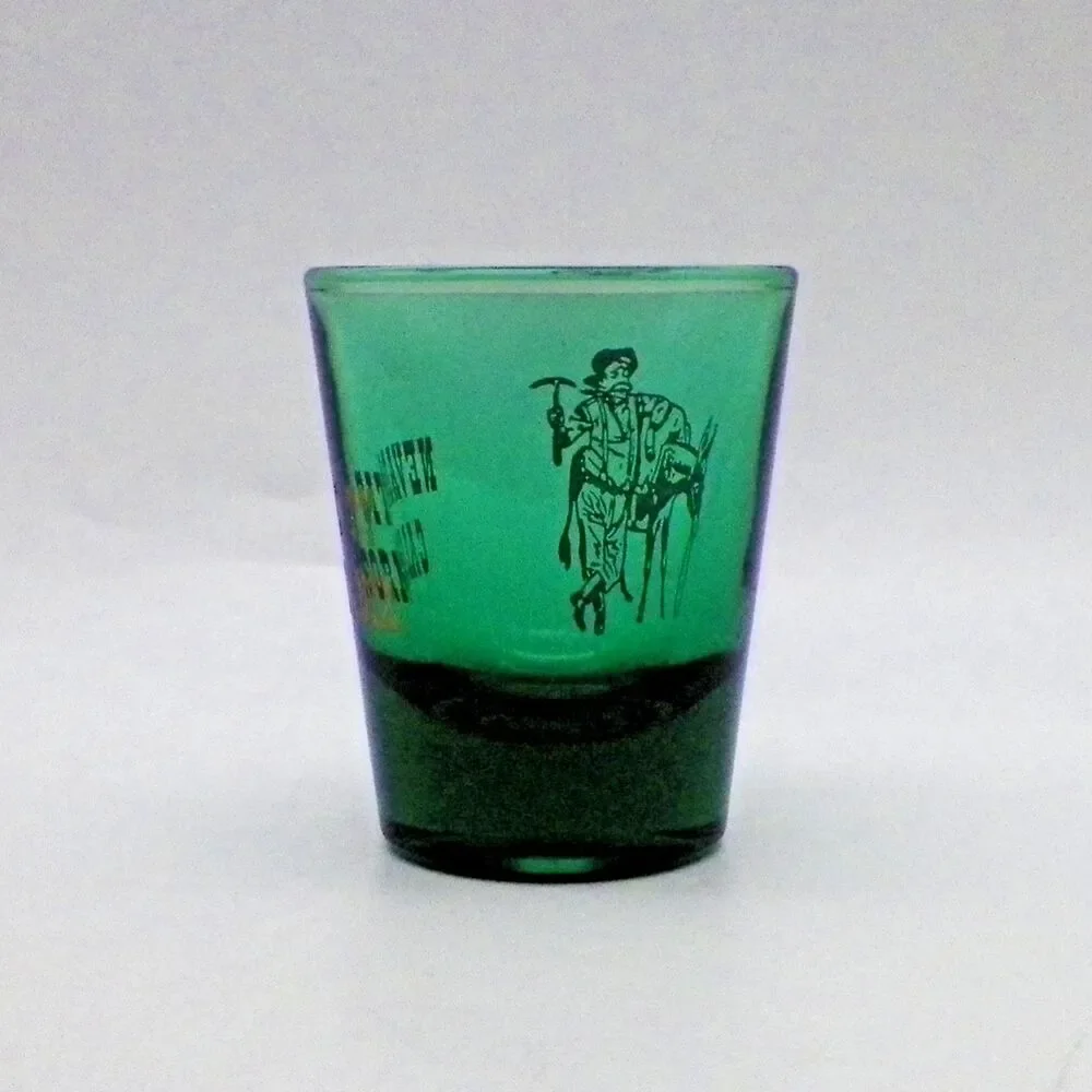 Nevada City California Green Shot Glass Gold Rush 49er & His Mule